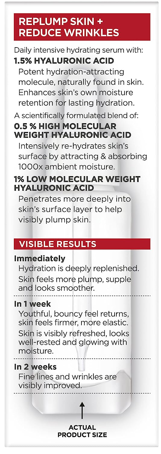 L'Oreal Paris Revitalift 1.5% Pure Hyaluronic Acid Face Serum, to Hydrate, Visibly Plump Skin, & Reduce Wrinkles, Fragrance Free 1 oz.